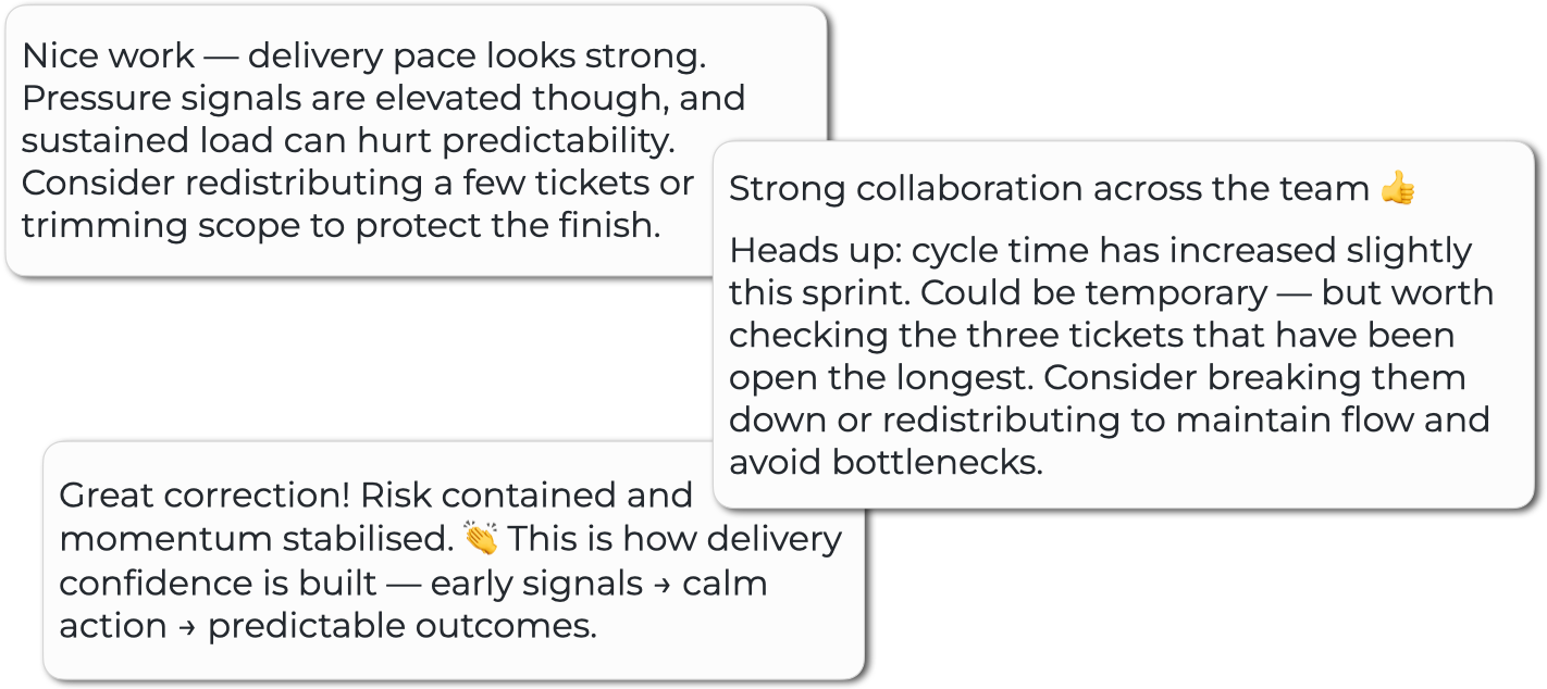 Example VelocityHero nudges in Slack: momentum heads-up, pressure caution, and reinforcement messages